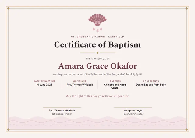 Crimson Wave Baptism Certificate template, A4 landscape, in crimson