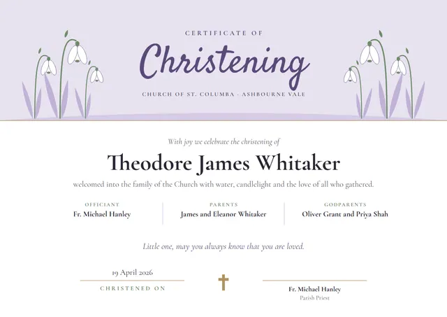 Slate Floral Christening Certificate template, A4 landscape, in slate grey
