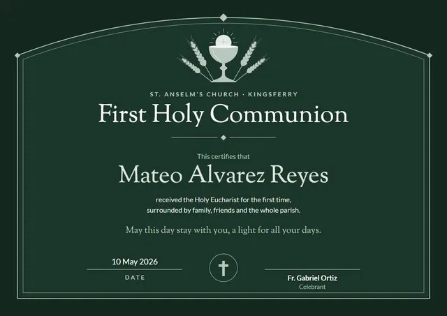 Forest Green Medal First Holy Communion Certificate template, A4 landscape, in forest green