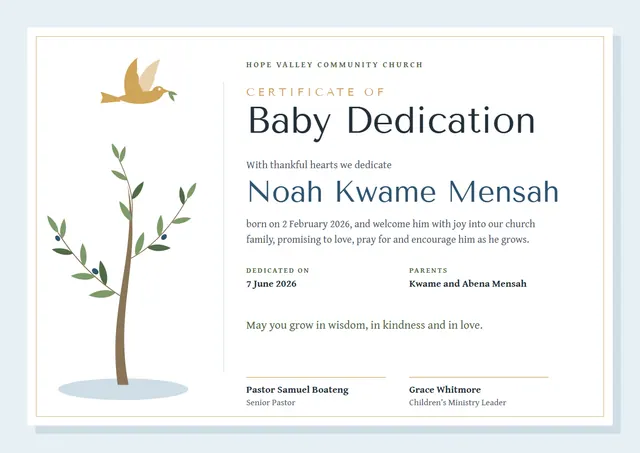 Ocean Blue Leafy Baby Dedication Certificate template, A4 landscape, in ocean blue