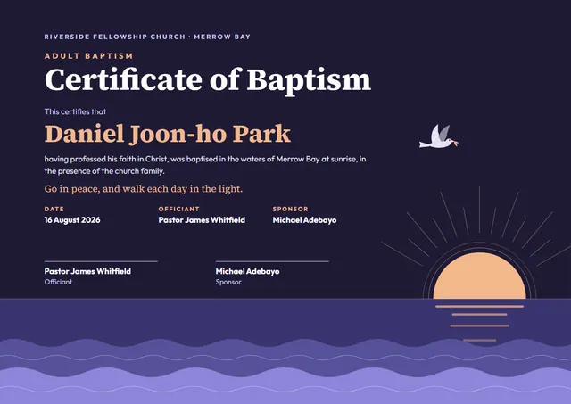 Classic Midnight Sunburst Adult Baptism Certificate template, A4 landscape, in midnight blue