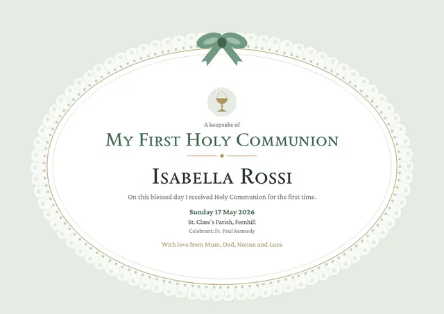 Emerald Medal First Communion Keepsake template, A4 landscape, in emerald