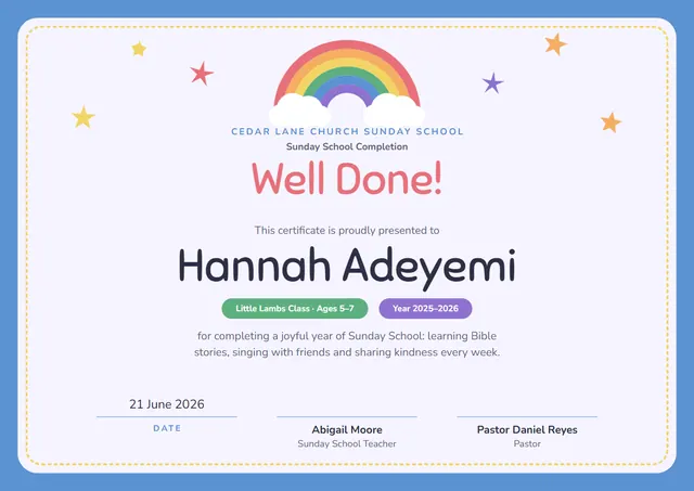 Sky Blue Starry Sunday School Completion Certificate template, A4 landscape, in sky blue