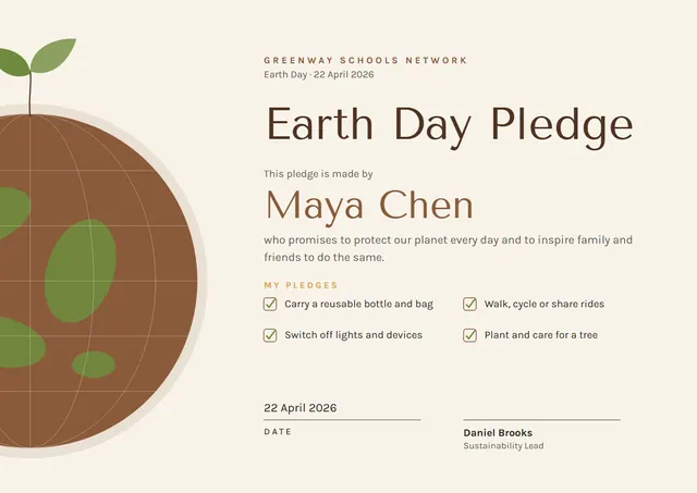 Bronze Leafy Earth Day Pledge Certificate template, A4 landscape, in bronze