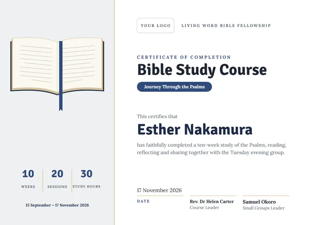 Sage Ribbon Bible Study Course Certificate template, A4 landscape, in sage