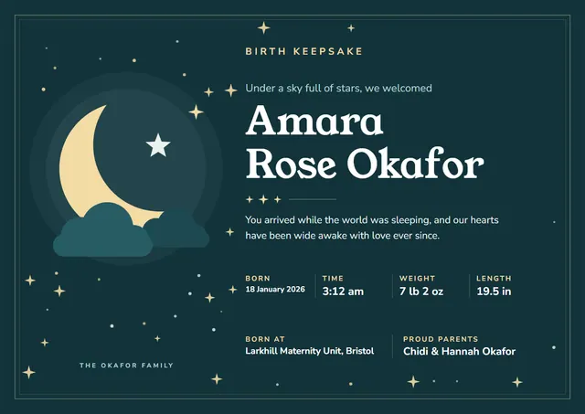 Classic Midnight Moonlit Birth Keepsake Certificate template, A4 landscape, in midnight blue