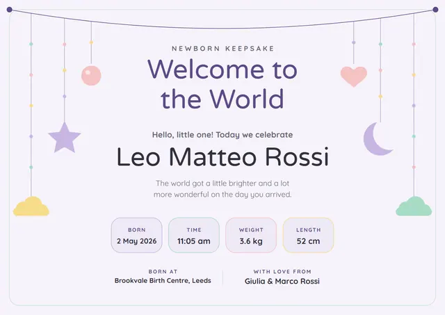 Slate Moonlit Welcome to the World Certificate template, A4 landscape, in slate grey
