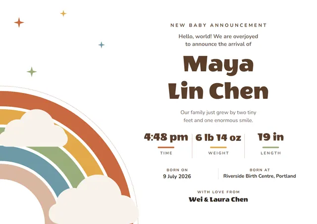 Chocolate Starry New Baby Announcement Certificate template, A4 landscape, in chocolate