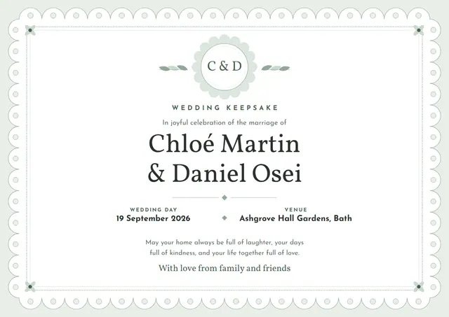 Jade Medal Wedding Keepsake Certificate template, A4 landscape, in jade