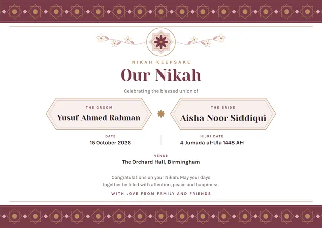 Raspberry Medal Nikah Keepsake Certificate template, A4 landscape, in raspberry