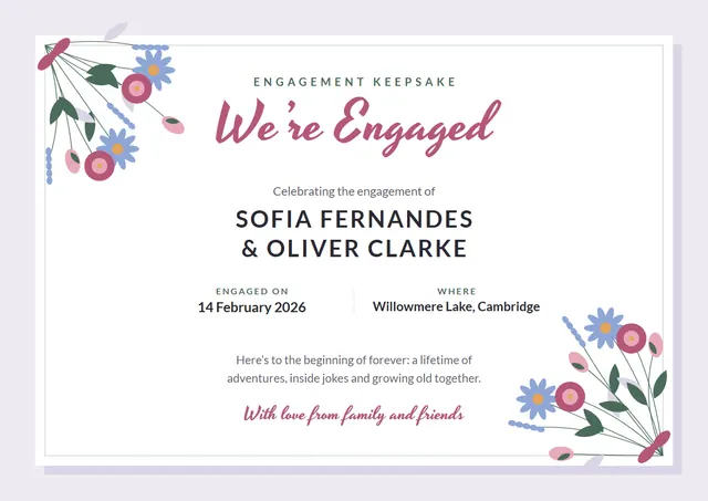 Mauve Ribbon Engagement Keepsake Certificate template, A4 landscape, in mauve
