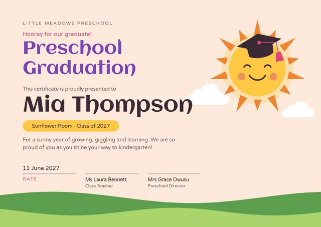 Purple Tassel Preschool Graduation Certificate template, A4 landscape, in purple