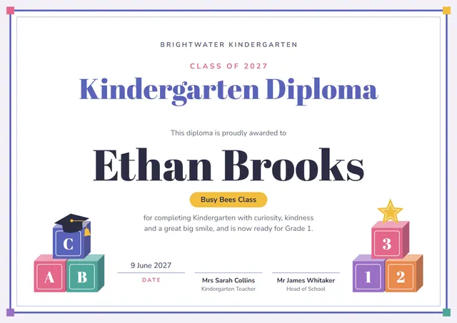 Royal Blue Tassel Kindergarten Diploma template, A4 landscape, in royal blue
