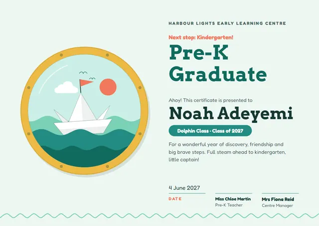 Sunshine Yellow Sunburst Pre-K Graduation Certificate template, A4 landscape, in sunshine yellow