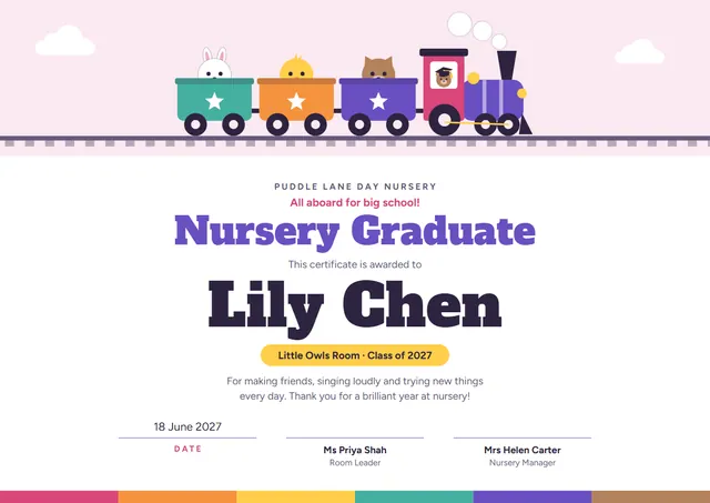 Purple Tassel Nursery Graduation Certificate template, A4 landscape, in purple