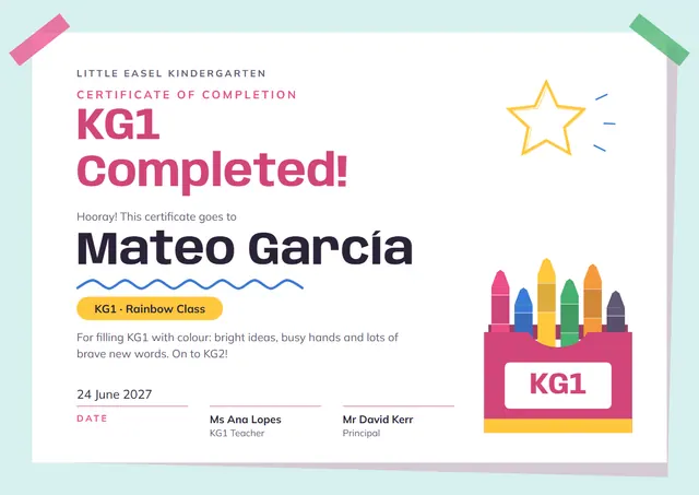 Rose Sunburst KG1 Completion Certificate template, A4 landscape, in rose