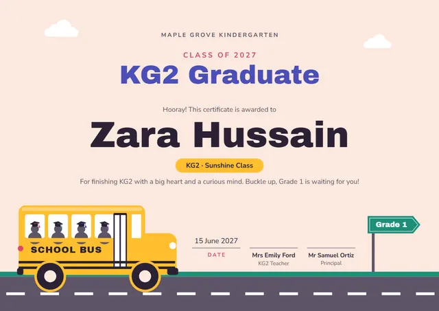Steel Blue Tassel KG2 Graduation Certificate template, A4 landscape, in steel blue