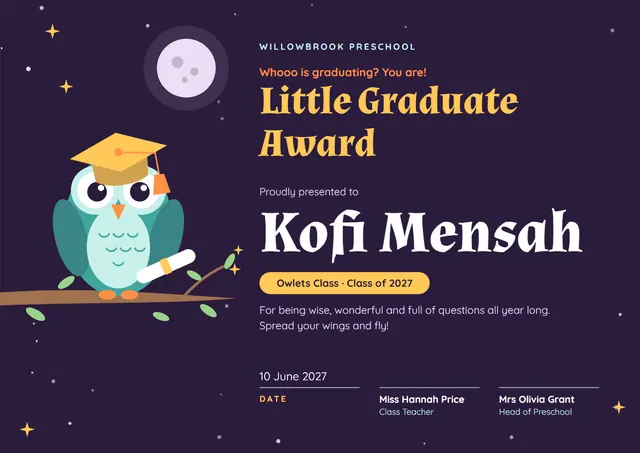 Playful Midnight Tassel Little Graduate Award template, A4 landscape, in midnight blue