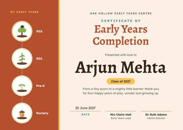 Terracotta Tassel Early Years Completion Certificate template, A4 landscape, in terracotta