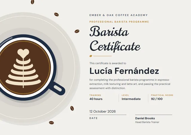 Navy Heart Barista Certificate template, A4 landscape, in navy