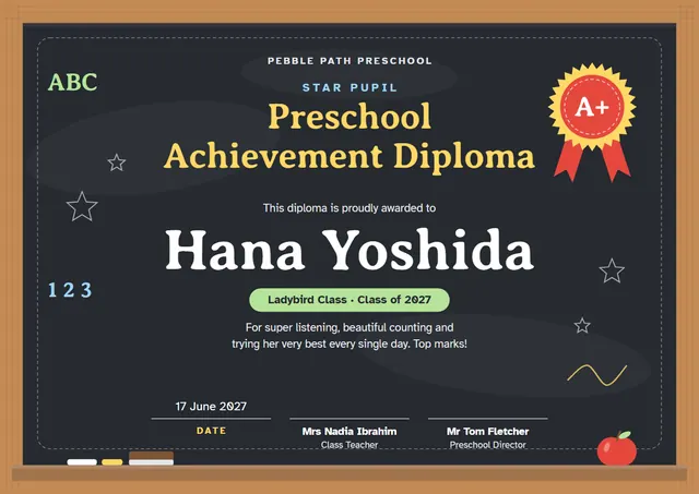 Gold Rosette Preschool Achievement Diploma template, A4 landscape, in gold