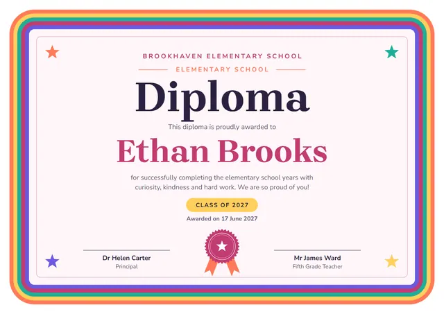Raspberry Seal Elementary School Diploma template, A4 landscape, in raspberry