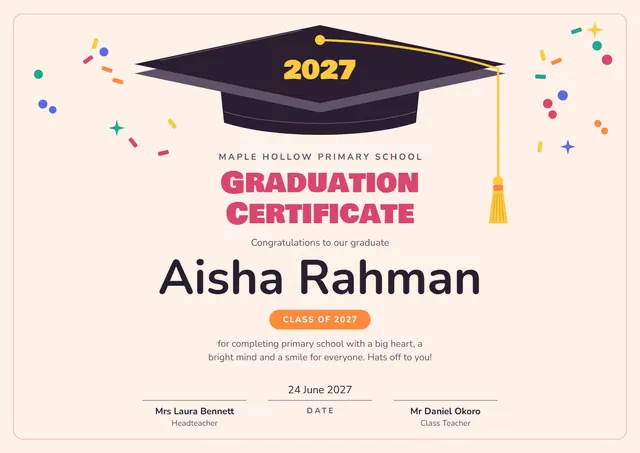 Red Tassel Primary School Graduation Certificate template, A4 landscape, in red