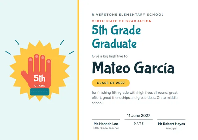 Sunshine Yellow Starry 5th Grade Graduation Certificate template, A4 landscape, in sunshine yellow