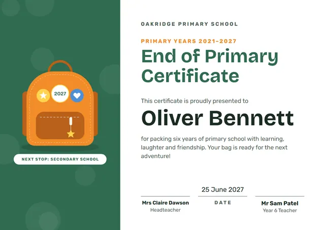 Emerald Starry End of Primary Certificate template, A4 landscape, in emerald