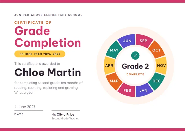 Raspberry Badge Grade Completion Certificate template, A4 landscape, in raspberry