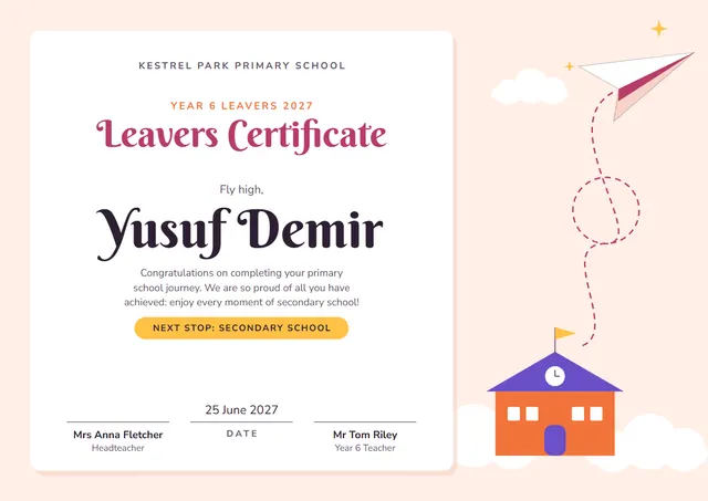 Raspberry Starry Primary Leavers Certificate template, A4 landscape, in raspberry