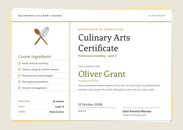 Sunshine Yellow Classic Culinary Course Certificate template, A4 landscape, in sunshine yellow