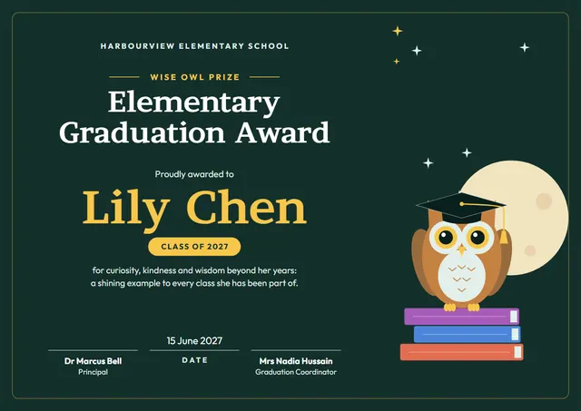 Forest Green Tassel Elementary Graduation Award template, A4 landscape, in forest green