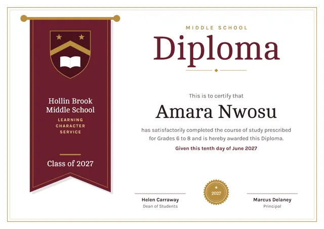 Burgundy Seal Middle School Diploma template, A4 landscape, in burgundy