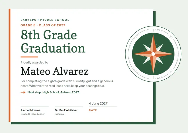 Forest Green Globe 8th Grade Graduation Certificate template, A4 landscape, in forest green