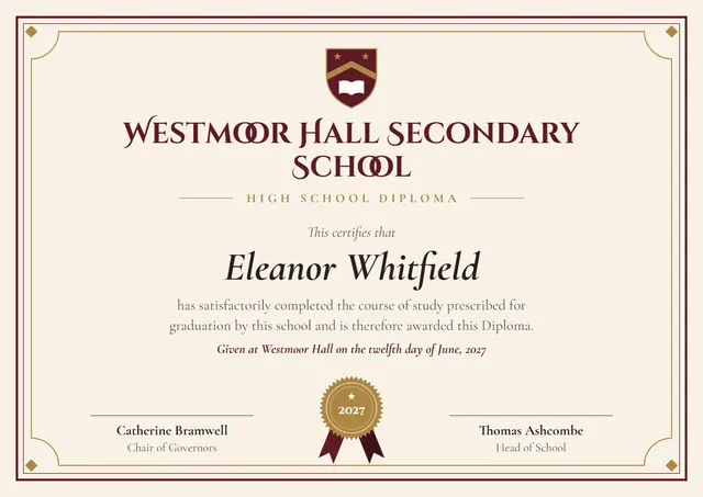 Burgundy Seal High School Diploma template, A4 landscape, in burgundy