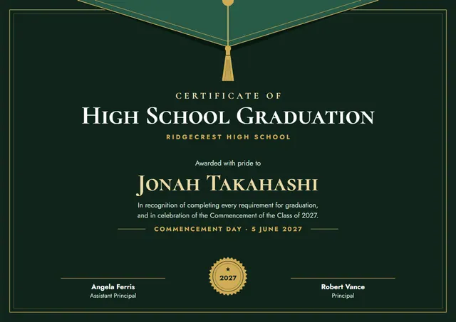 Forest Green Tassel High School Graduation Certificate template, A4 landscape, in forest green
