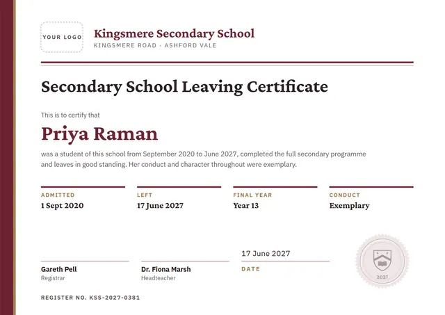 Burgundy Seal Secondary School Leaving Certificate template, A4 landscape, in burgundy