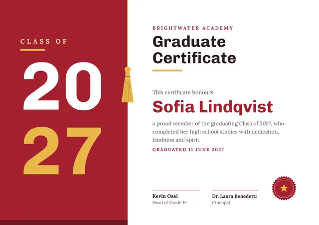 Crimson Tassel Class of 2027 Graduate Certificate template, A4 landscape, in crimson
