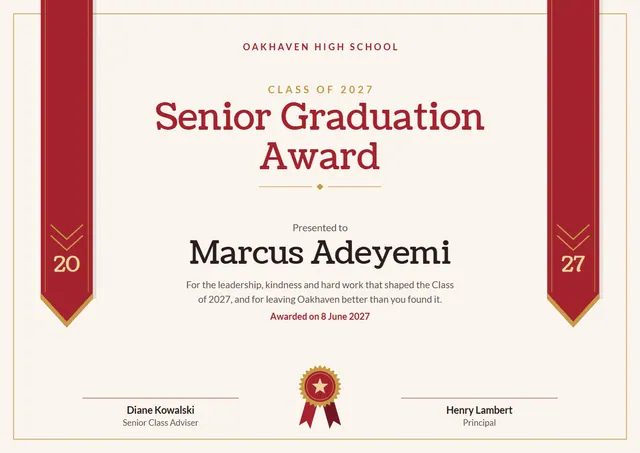 Crimson Rosette Senior Graduation Award template, A4 landscape, in crimson