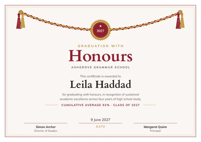 Crimson Tassel Graduation with Honours Certificate template, A4 landscape, in crimson