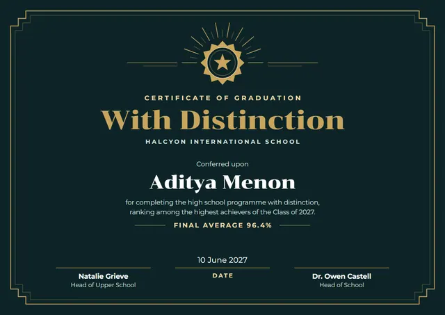 Black Medal Graduation with Distinction Certificate template, A4 landscape, in black