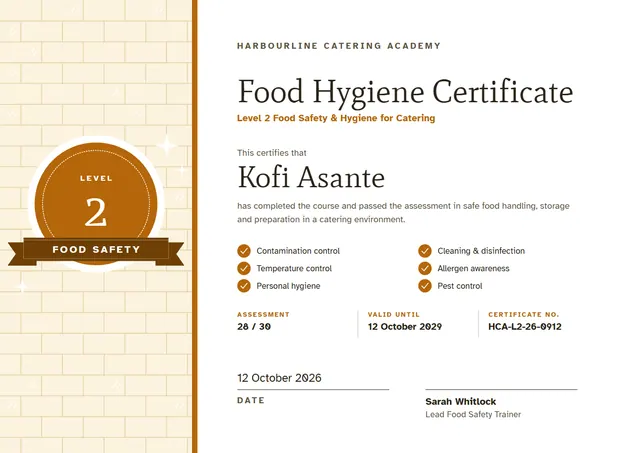 Mustard Ribbon Food Hygiene Certificate template, A4 landscape, in mustard