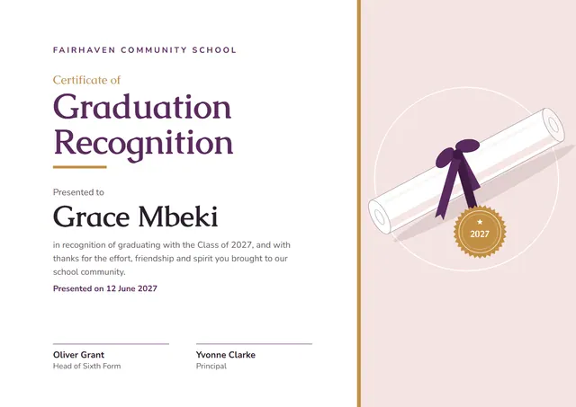 Plum Seal Graduation Recognition Certificate template, A4 landscape, in plum