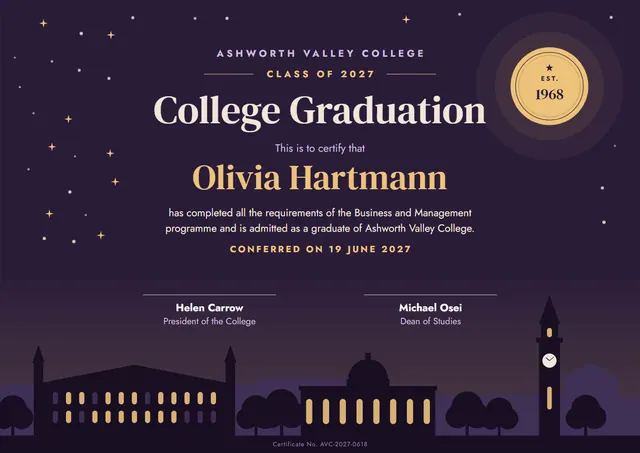 Classic Midnight Seal College Graduation Certificate template, A4 landscape, in midnight blue