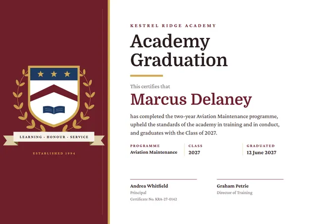 Burgundy Laurel Academy Graduation Certificate template, A4 landscape, in burgundy