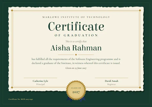 Forest Green Seal Certificate of Graduation template, A4 landscape, in forest green