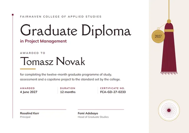 Burgundy Tassel Graduate Diploma template, A4 landscape, in burgundy