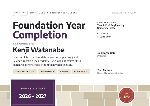 Plum Medal Foundation Year Completion Certificate template, A4 landscape, in plum