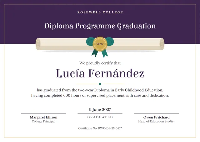 Charcoal Rosette Diploma Programme Graduation Certificate template, A4 landscape, in charcoal grey